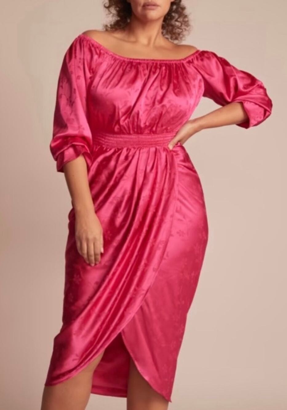 11 Honore Pink Satin Off Shoulder Midi Dress Floral Jacquard Luxe SZ 16 spring
